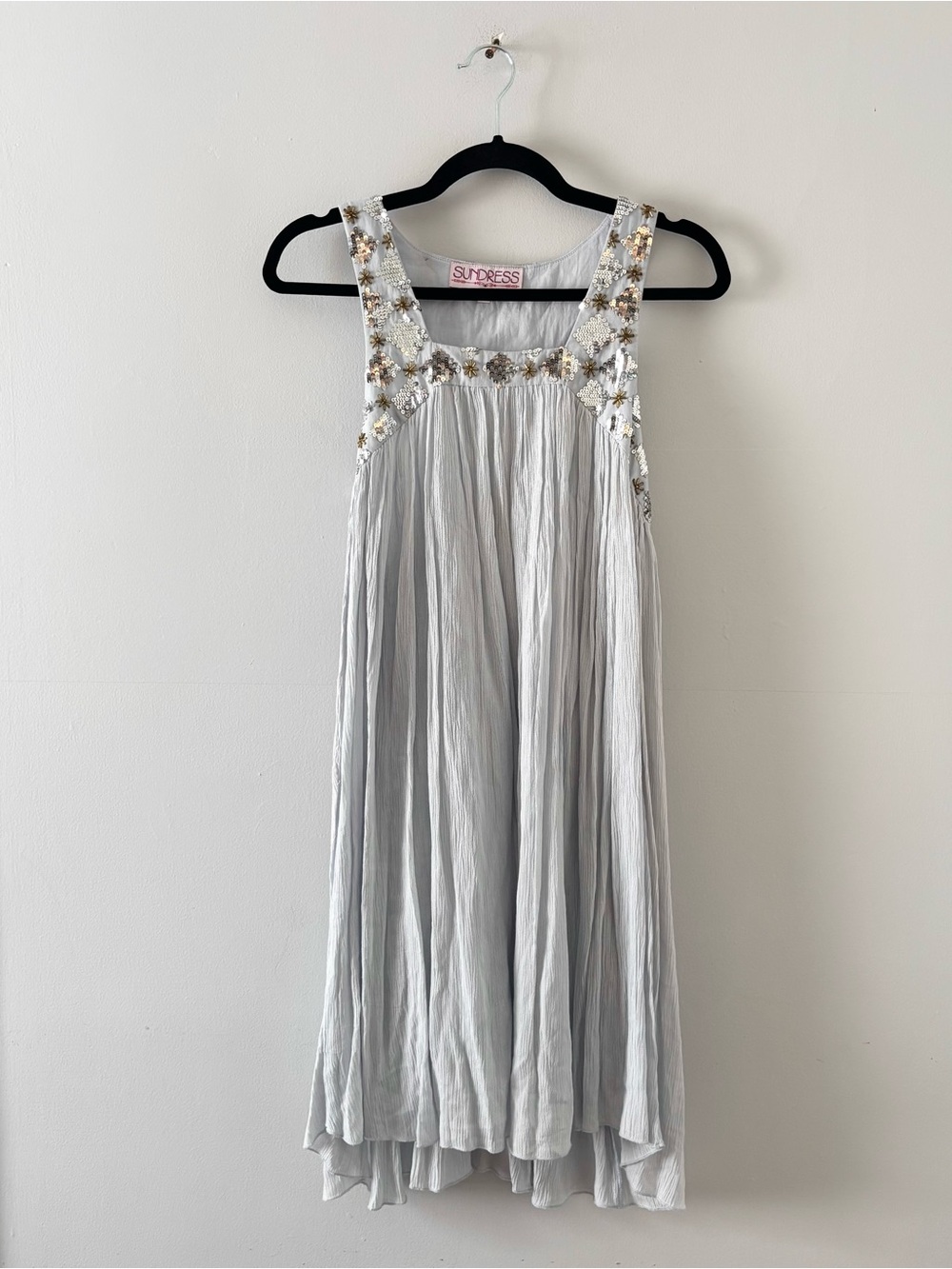 SUNDRESS Sequin Embellished Mini Dress  Pleated Sleeveless Square Neck Revolve
